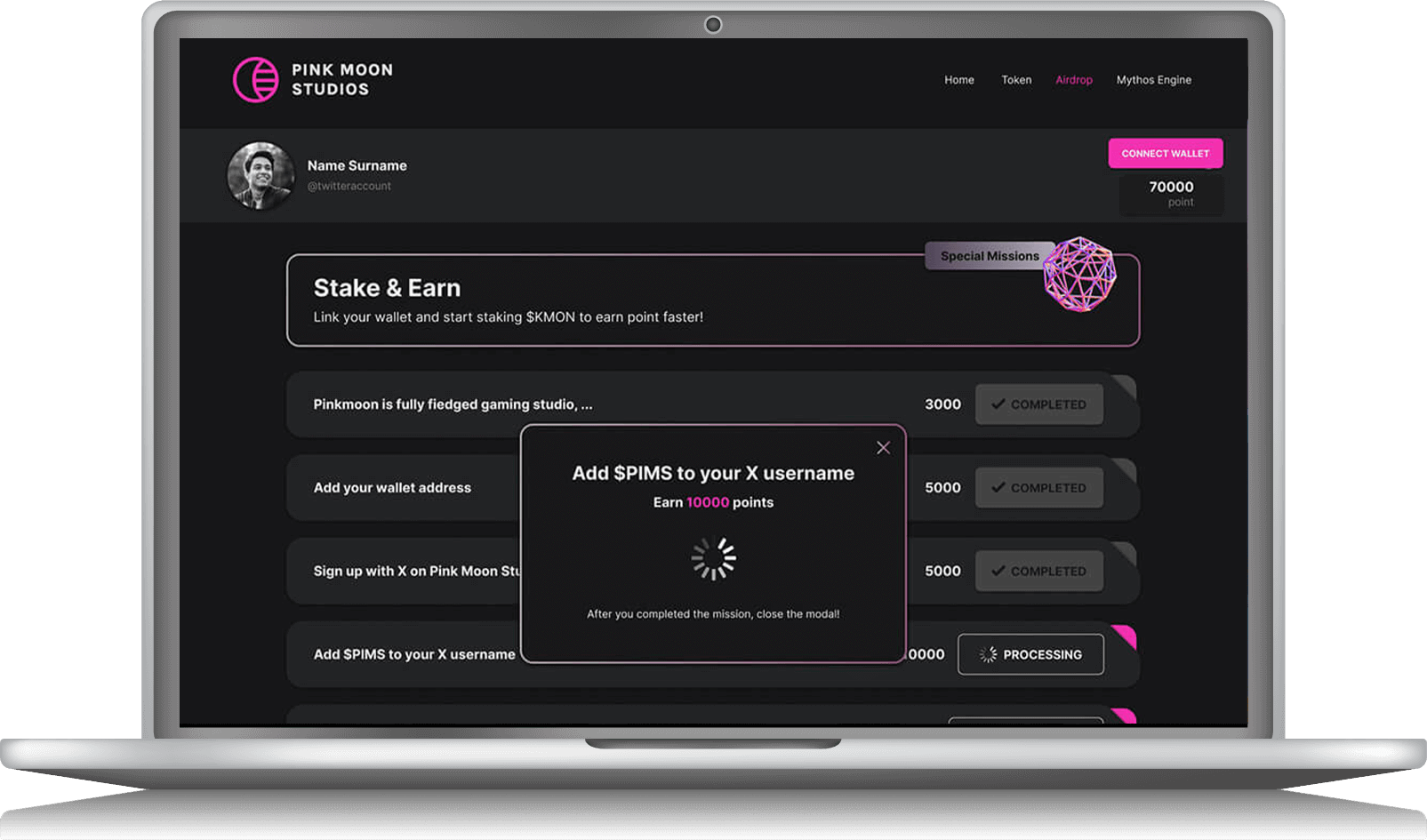 pink moon studios laptop showing the website in the laptop farme